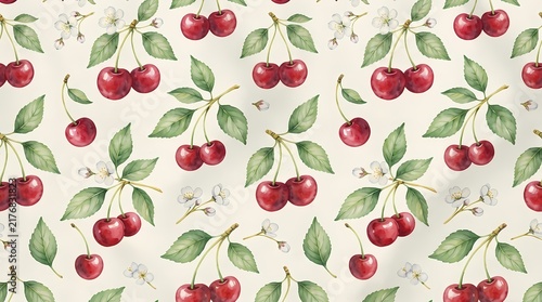 Seamless pattern with watercolor cherries and green leaves on a light background