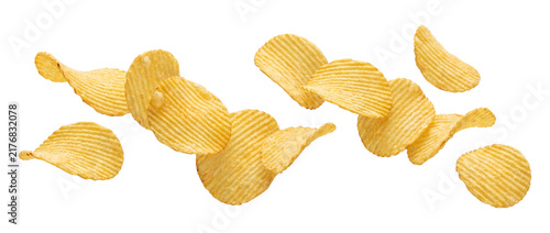 Canvas Print Falling potato chips isolated on transparent background