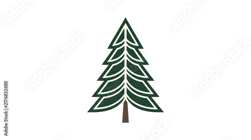 Minimalist evergreen tree illustration with dark green branches and brown trunk.