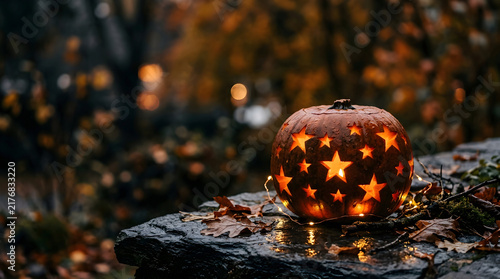 Star Carved Pumpkin with Amber String Lights