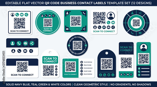 QR Code Business Card Template Set Modern Scan To Connect Vector Tag Labels Clean Geometric Contact Information Badges in Teal and Navy