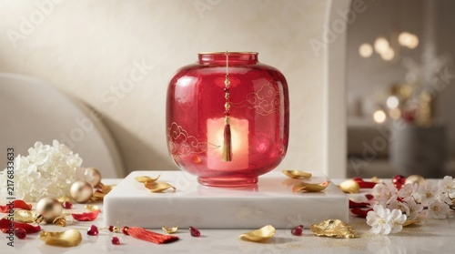 Red glass vase on a stone pedestal with flower petals and cinnamon sticks