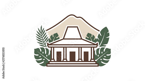 Traditional tropical house with palm leaves and mountain backdrop.