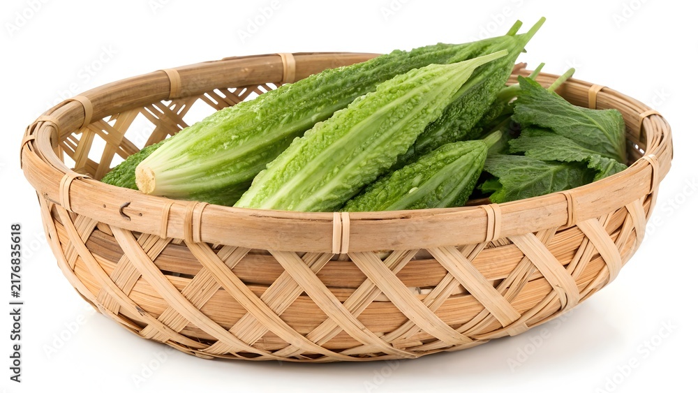 Obraz premium Fresh green bitter melons and leaves are neatly arranged in a rustic woven bamboo basket, presented on a stark white background, highlighting healthy eating, Asian cuisine, and organic produce.