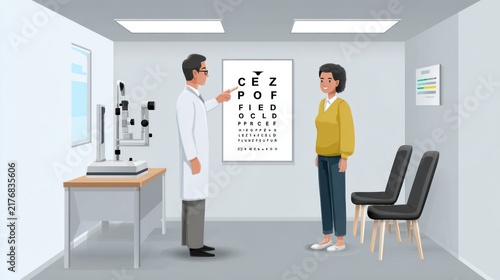 Ophthalmologist pointing at eye chart during medical exam in clinic