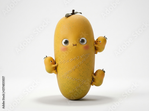 Adorable yellow mango fruit character with small buddies clinging to sides for marketing assets or playful educational material.