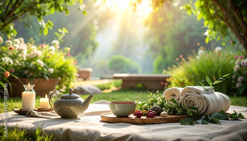 Peaceful garden picnic setting with rolled towels, fresh fruit, tea, and a blanket surrounded by blooming flowers and soft sunlight.