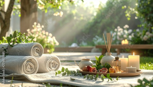 Peaceful garden picnic setting with rolled towels, fresh fruit, tea, and a blanket surrounded by blooming flowers and soft sunlight.