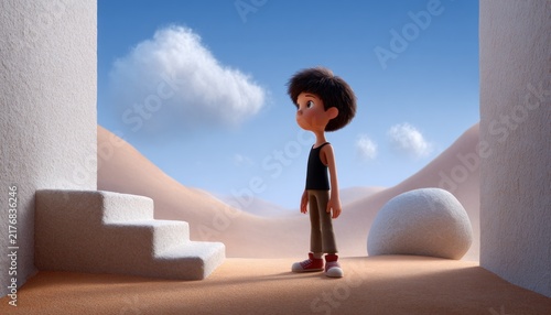 Surreal desert scene featuring young boy standing beneath white architectural elements, cloud hovering above minimalist landscape