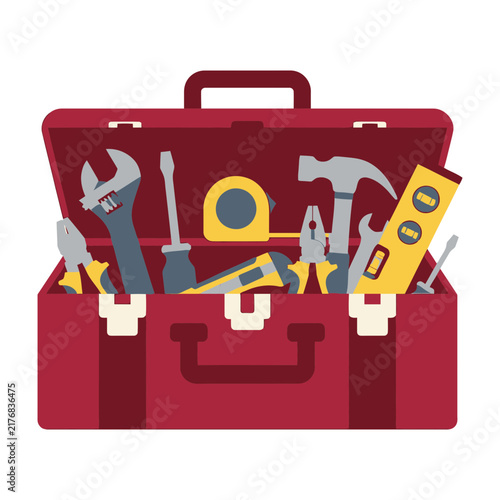 Flat vector illustration of open red toolbox filled with various construction tools and equipment