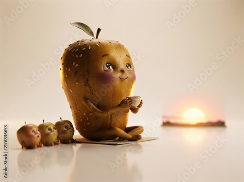Anthropomorphic brown fruit figure sipping herbal tea near three tiny apple friends observing sunset view on white floor space.