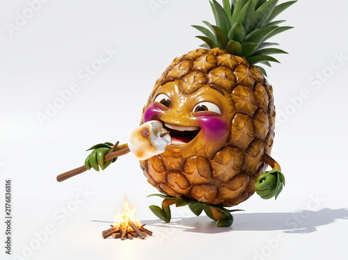 Anthropomorphic pineapple character roasting marshmallow over small campfire for summer outdoor vacation creative fun concept art.