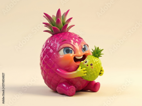 Anthropomorphic pink pineapple character eating small green fruit mascot design for playful branding concept and creative asset.