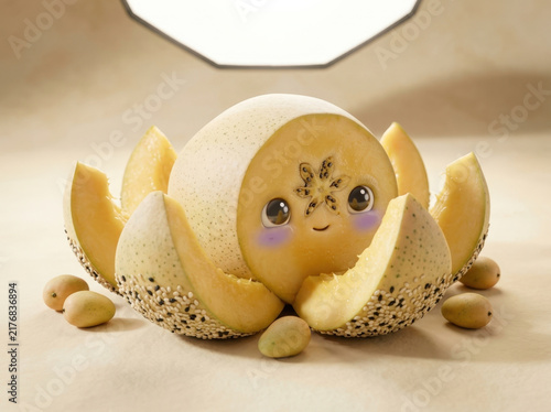 Anthropomorphic segmented fruit character with sesame seeds and friendly face expression on minimalist soft color background.