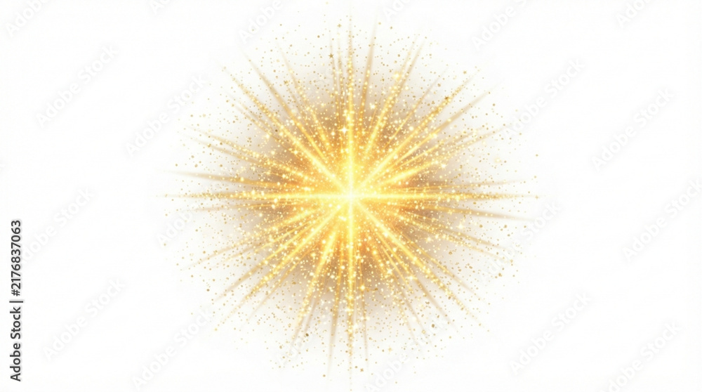 Fototapeta premium Sparkling golden starburst element featuring glowing light rays and shimmering glitter particles isolated against a plain white background for design overlay.