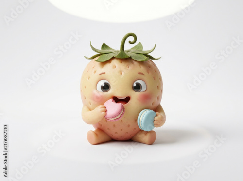 Baby strawberry character sitting on white floor holding and eating small pink and blue french macaron dessert snack portrait.