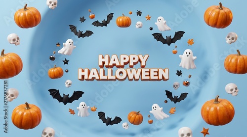 Happy halloween circular frame design featuring pumpkins bats ghosts on blue background orange pumpkins black bats white ghosts halloween skulls seasonal festival spooky decoration