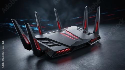 High-Performance Gaming Router with Six Powerful Antennas and Red LED Accents on Dark Reflective Surface, Futuristic Wi-Fi Network Device for High-Speed Internet Connection