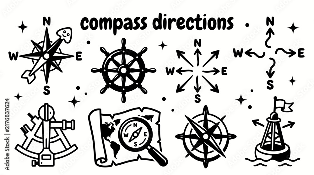 Fototapeta premium compass directions featuring north south east west cardinal points compass roses navigation symbols directional markers route indicators and geographic orientation elements for maps travel navigation