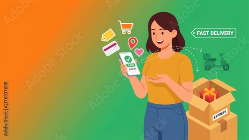 Woman shopping online with fast delivery illustration