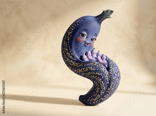 Blue banana mother character holding tiny baby bananas adorned with sesame seed details for family and nutrition concepts today.