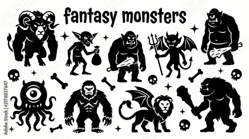 fantasy monsters featuring horned creatures giant beasts winged demons trolls goblins ogres and imaginative mythical beings vector illustration set for fantasy games adventure stories entertainment