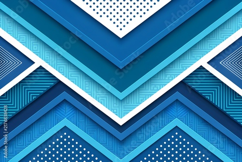 Abstract geometric background featuring layered blue shapes with intricate white dot patterns and linear textures