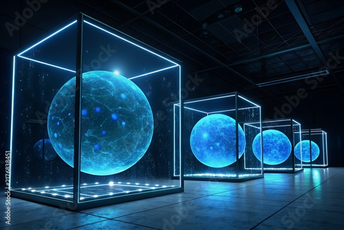 Glowing blue spheres suspended inside luminous geometric glass cubes within dark futuristic laboratory exhibition room environment
