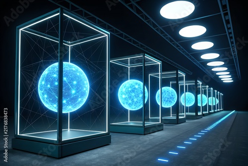 Glowing blue energy spheres inside metallic glass cubes displayed within a dark high tech laboratory environment