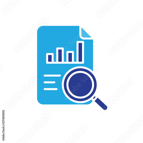 Survey analysis icon. survey data with a magnifying glass, representing detailed analysis and interpretation. Flat design style
