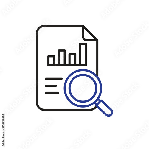 Survey analysis icon. survey data with a magnifying glass, representing detailed analysis and interpretation. Outline design style