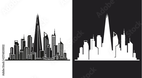 City skyline silhouette against white and black backgrounds