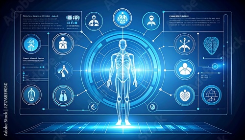 Digital human silhouette surrounded by technology icons.
