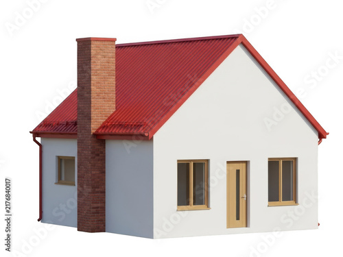 Small house with a red roof and a brick chimney isolated on transparent background