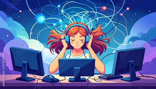 Young woman using futuristic holographic technology interface.