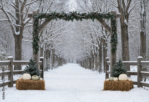 Wooden archway with evergreen garland and pumpkins in snowy forest lane during winter