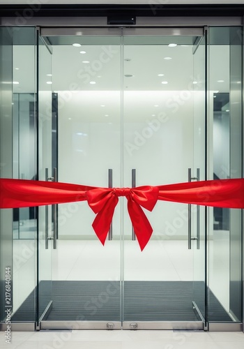 A wide silk red ribbon stretches across a modern glass doorway, symbolizing the grand opening of a fresh business venture in a sleek office, milestone, innovative, reflection