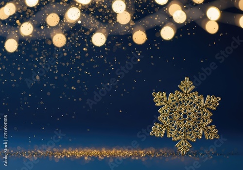 Abstract navy blue background featuring shimmering gold particles and festive bokeh lights that create a luxurious and elegant holiday glow, deep, gold, background