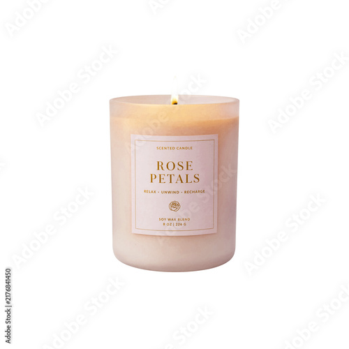 Luxury rose petals scented candle in glass jar, burning warm flame, soft aromatherapy, spa decor, cozy relaxation atmosphere