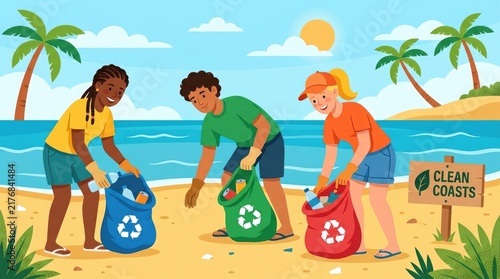 Diverse group of volunteers cleaning up plastic waste on a sunny beach