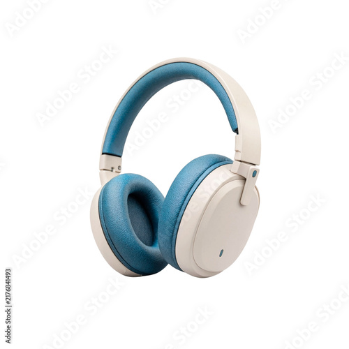 Modern wireless over ear headphones, soft blue ear cushion pads, beige headband frame, premium audio gear, acoustic sound equipment