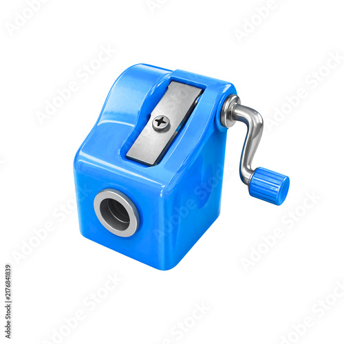 Foto Manual pencil sharpener, blue rotary mechanical sharpener, office stationery too