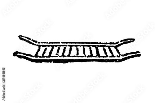 Simple rustic stretcher with two parallel poles and crossbars, old vintage illustration, 1897.
