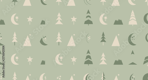 Cute Christmas Tree Seamless Pattern, Moon, Star, Isolated Elements