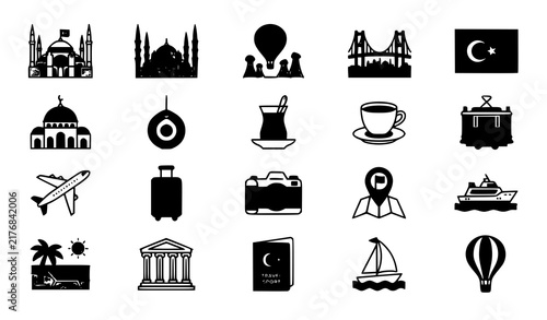 Turkey Travel and Tourism Icons Set with Istanbul Landmarks and Cultural Symbols