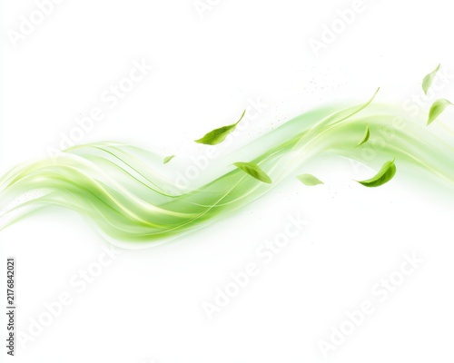 Abstract green wave with flying fresh leaves isolated on white background