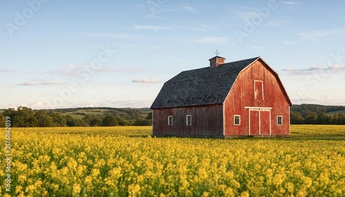 Red barn in a field of yellow wildflowers during golden hour with a clear blue sky