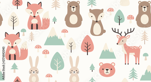 Cute Forest Animals Pattern - Fox, Bear, Deer, Rabbit, Trees, Mushrooms