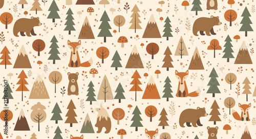 Cute Forest Animals Pattern: Bears, Foxes, Trees, Mountains