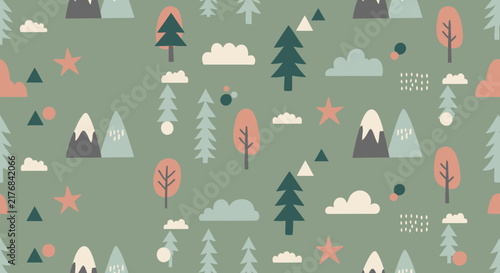 Cute Forest Pattern: Mountains, Trees, Clouds, Stars - Isolated Elements